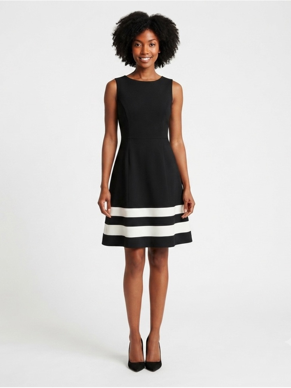 Calvin Klein Black & White Sleeveless A-Line Midi Dress